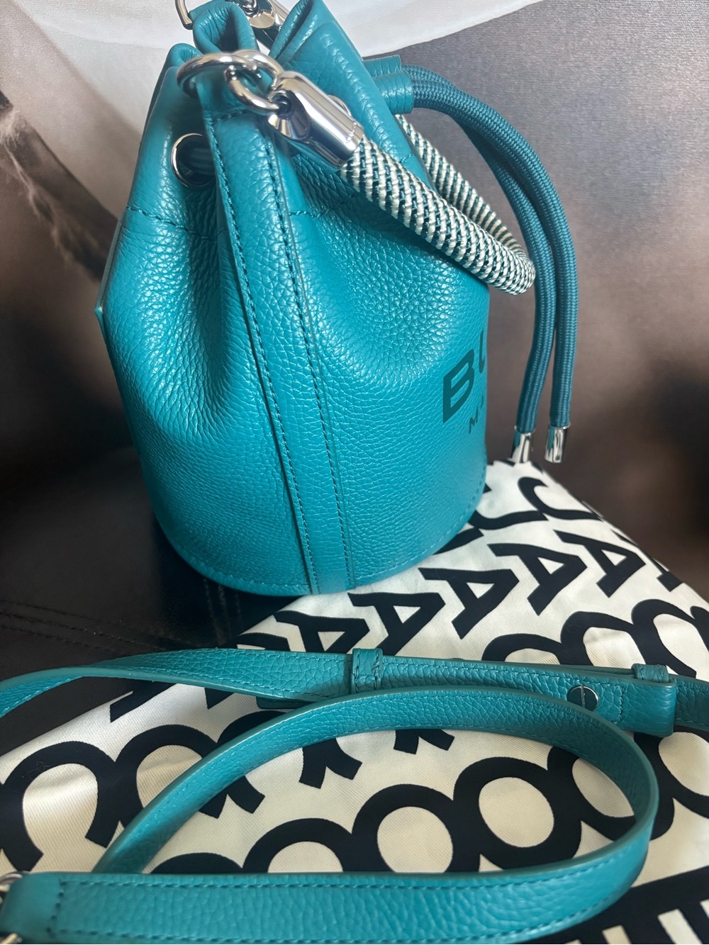 Marc Jacobs The Bucket Small Leather Drawstring Handbag in Teal - Picture 7 of 15